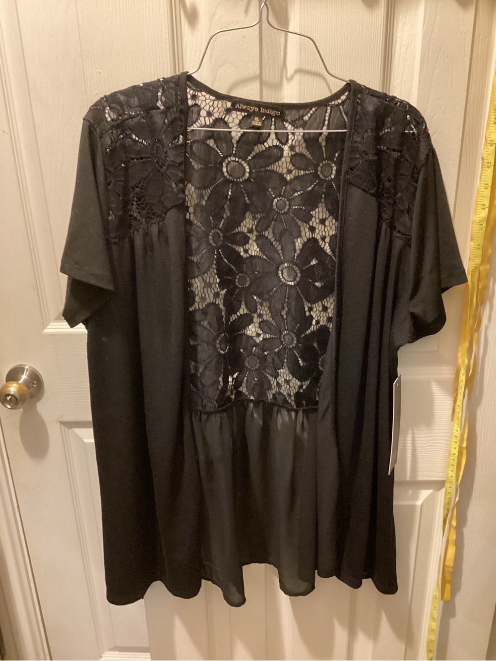 Always Indigo Black Short Sleeve Tunic with Floral Lace Back